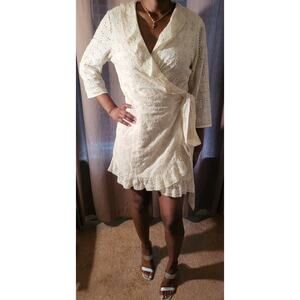 Sezane Robe Asianne Eyelet Mini Wrap Dress Womens Size 14 Ecru Cream New Flawed